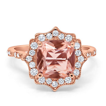 Halo Art Deco Engagement Ring Cushion Rose Tone, Simulated Morganite CZ 925 Sterling Silver